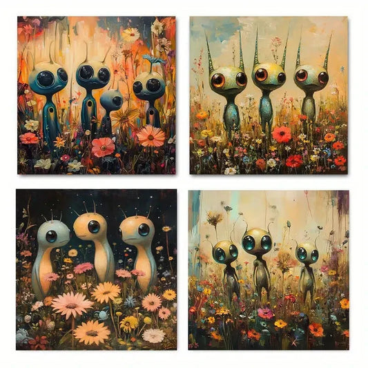 4pcs Alien & Floral Canvas Art Prints Theme Wall Art Canvas Framed