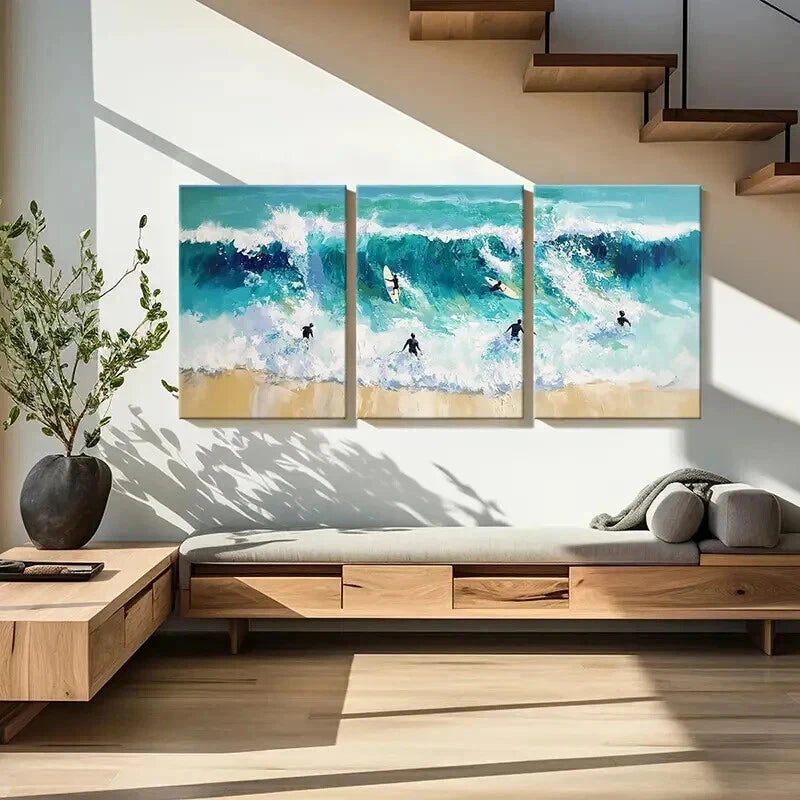 3pcs Vibrant Sea Landscape with Surfers Wall Art Set Canvas Framed 50x70cm - High Quality Print 100% Australian Made Wall Canvas Ready to Hang - Bella Home Decor