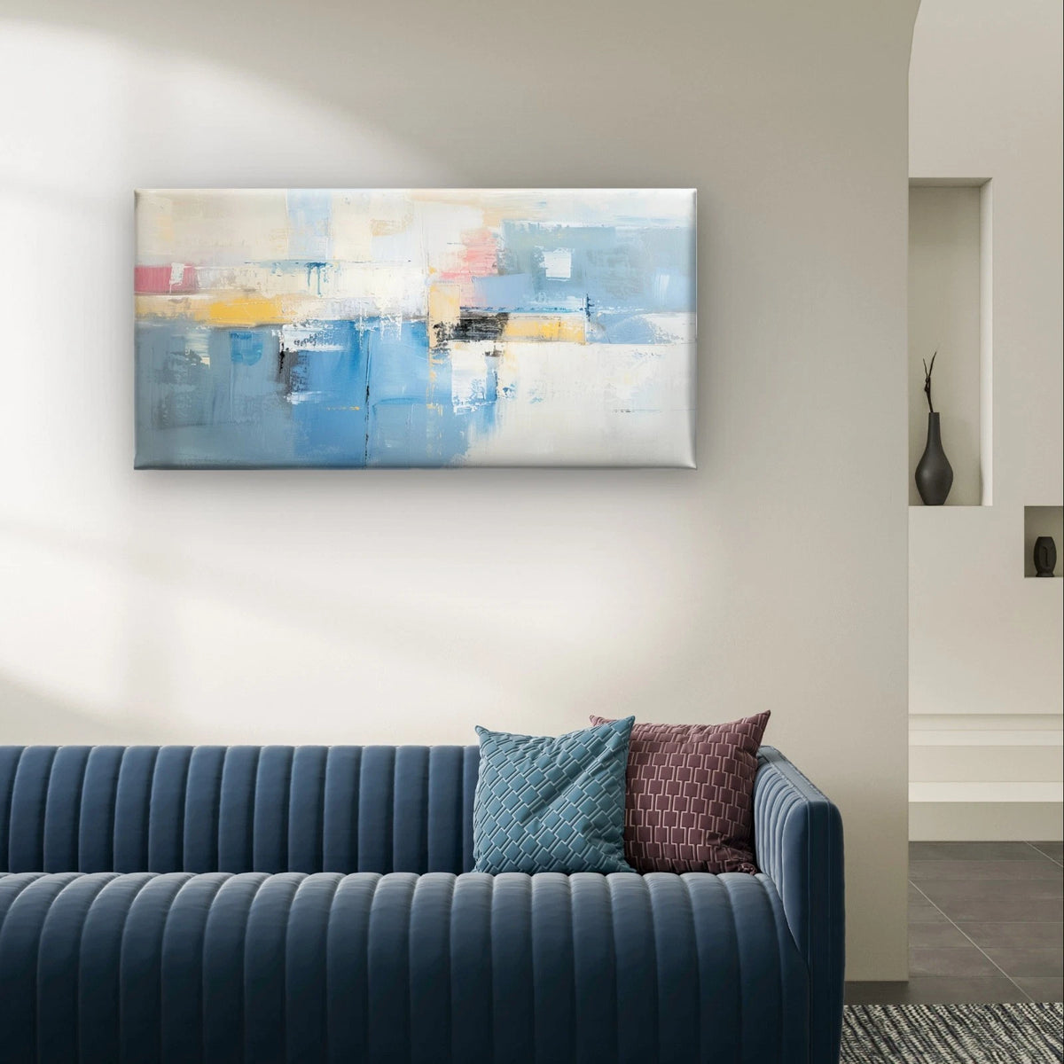 Soft Blue and Pastel Abstract Paint Wall Art Canvas Office Home Framed 120x60cm