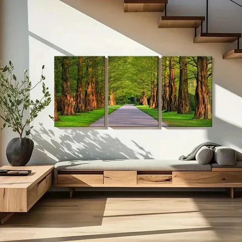 3pcs Road Lined with Tree Green Leave Wall Art Canvas Unframed - High Quality Print 100% Australian Made Wall Canvas