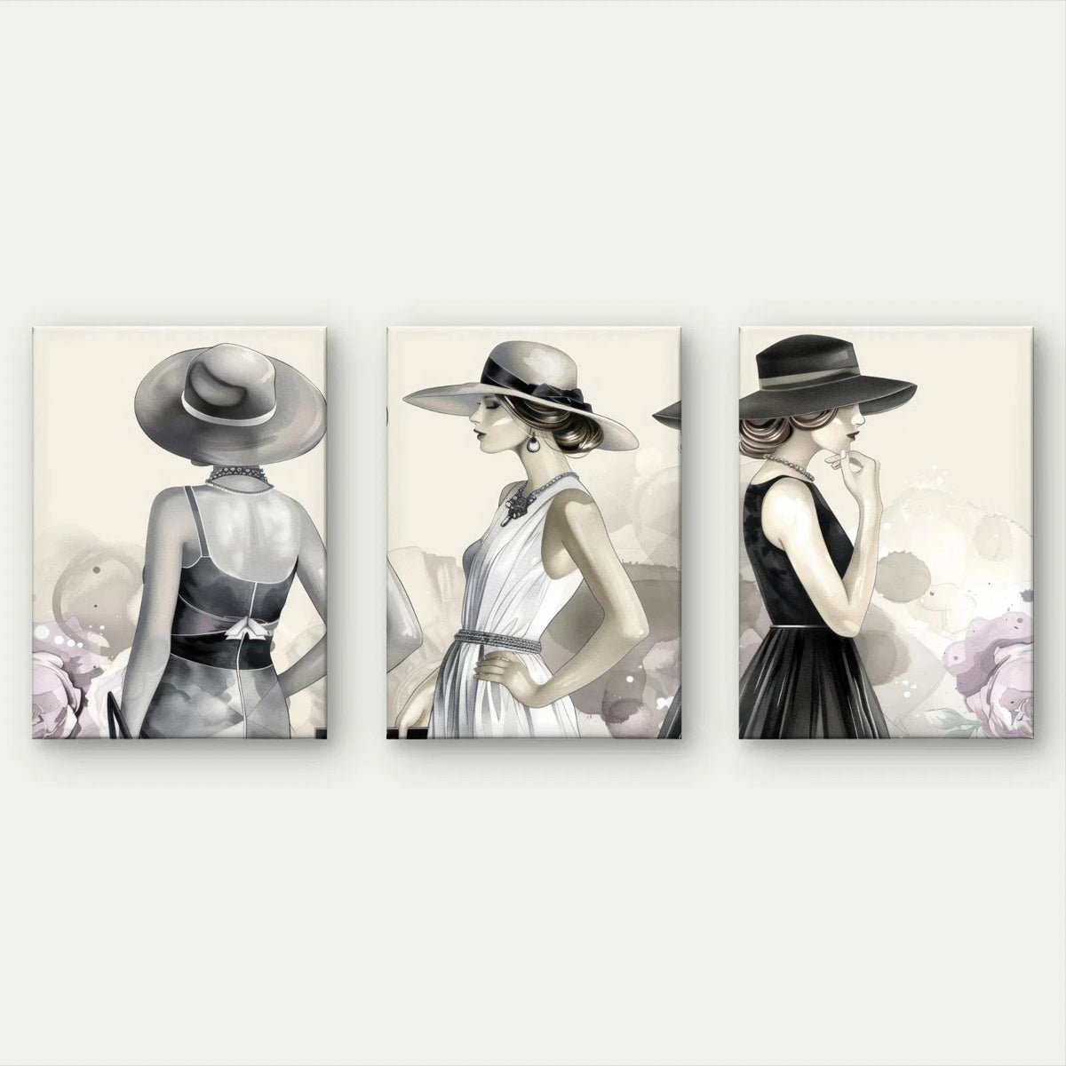 3pcs Elegant Fashion Illustration Women in Hats Wall Art Set Canvas Framed 50x70cm - High Quality Print 100% Australian Made Wall Canvas Ready to Hang