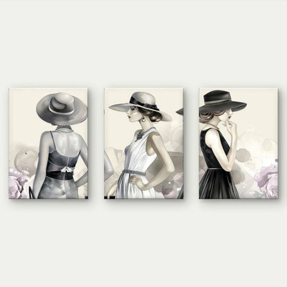 3pcs Elegant Fashion Illustration Women in Hats Wall Art Set Canvas Framed 50x70cm - High Quality Print 100% Australian Made Wall Canvas Ready to Hang