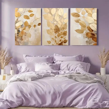 3pcs Luxury Beige and Golden Abstract Autumn Metal Print Ready to Hang Art - Bella Home Decor