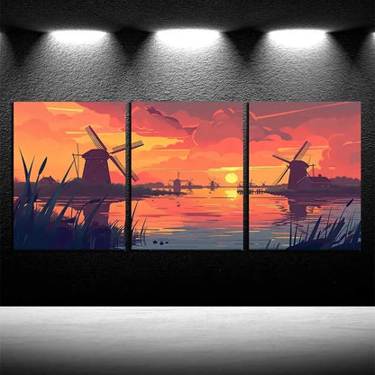 3pcs The Windmill at Sunset Illustration Metal Print Ready to Hang Art - Bella Home Decor