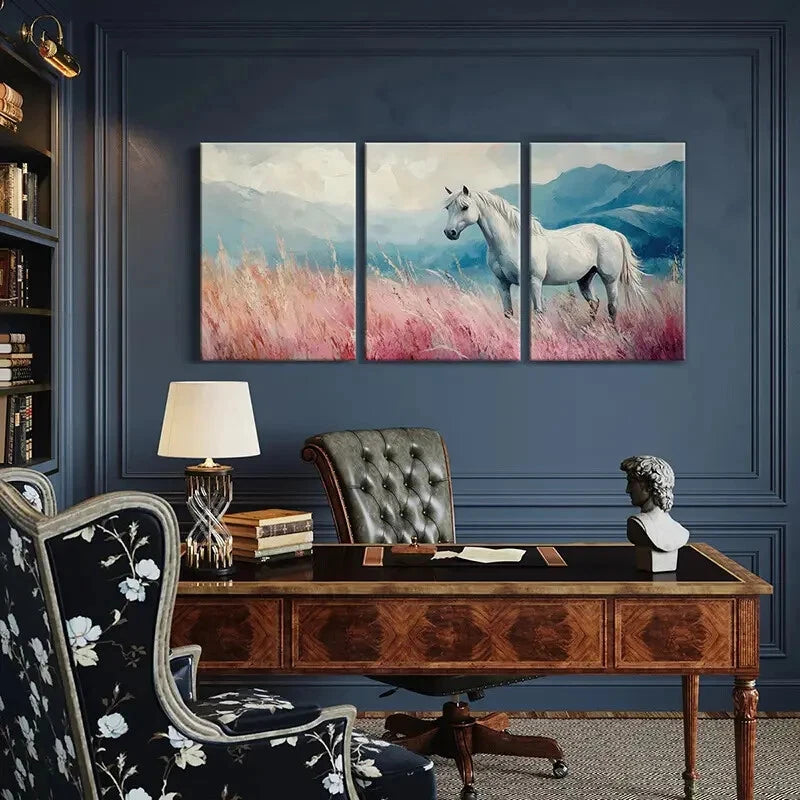 3pcs White Horse In Field Mountain Landscape Metal Print Ready to Hang Art - Bella Home Decor