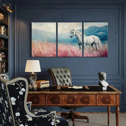 3pcs White Horse In Field Mountain Landscape Metal Print Ready to Hang Art - Bella Home Decor