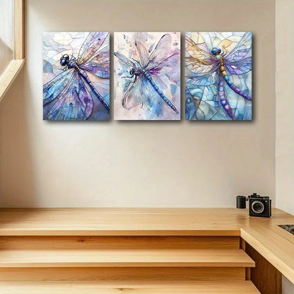 3pcs Dragonfly Painting Vibrant Purple Metal Print Ready to Hang Art - Bella Home Decor