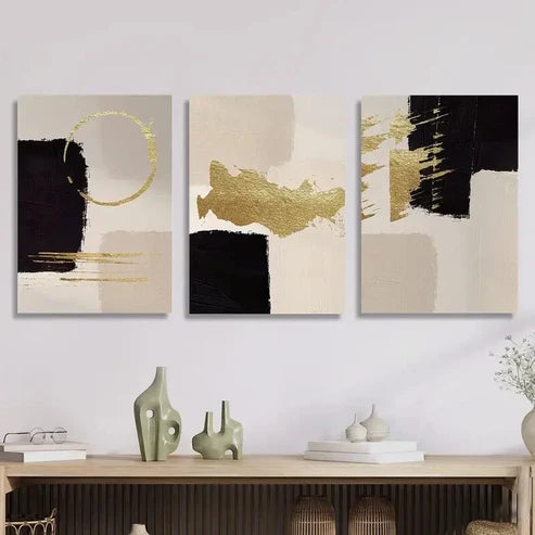3pcs Golden Geometric Abstract Wall Art Set Canvas Unframed - High Quality Print 100% Australian Made Wall Canvas - Bella Home Decor