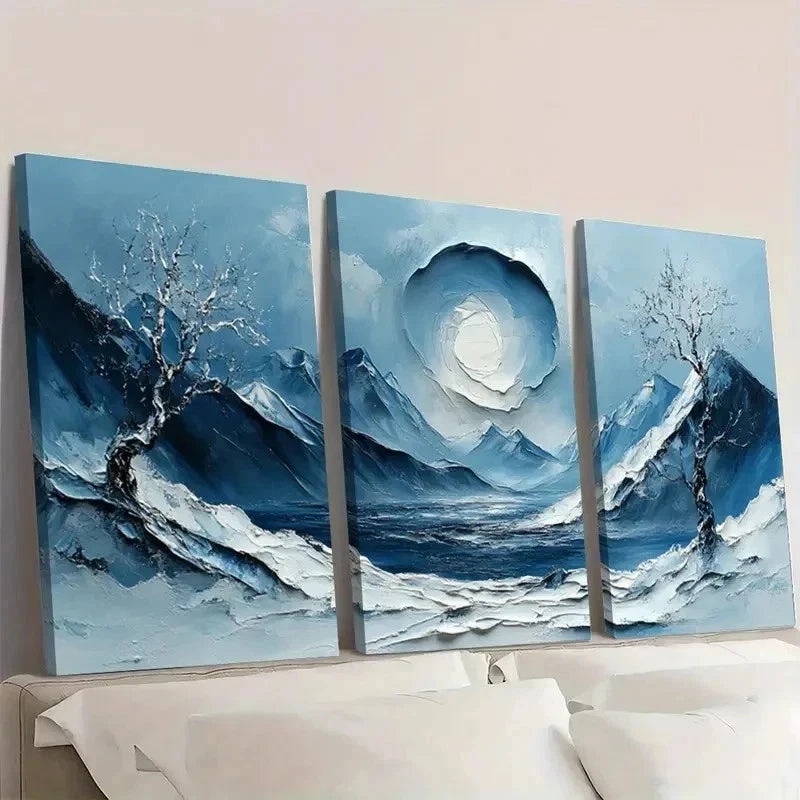 3pcs Blue & White Winter Mountain Landscape E  Wall Art Set Canvas Framed 60x90cm - High Quality Print 100% Australian Made Wall Canvas Ready to Hang - Bella Home Decor