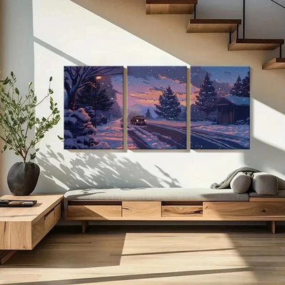 3pcs Snow Road Car & Cabin Vintage Wall Art Set Canvas Framed 50x70cm - High Quality Print 100% Australian Made Wall Canvas Ready to Hang - Bella Home Decor