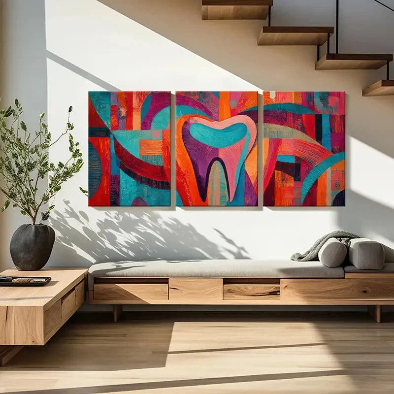 3pcs Abstract Art Vibrant Colors Tooth Shape Metal Print Ready to Hang Art - Bella Home Decor