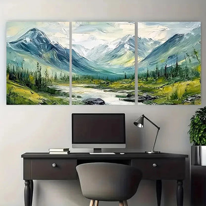 3pcs Mountain River Snowy Peak Alpine Forest Metal Print Ready to Hang Art - Bella Home Decor