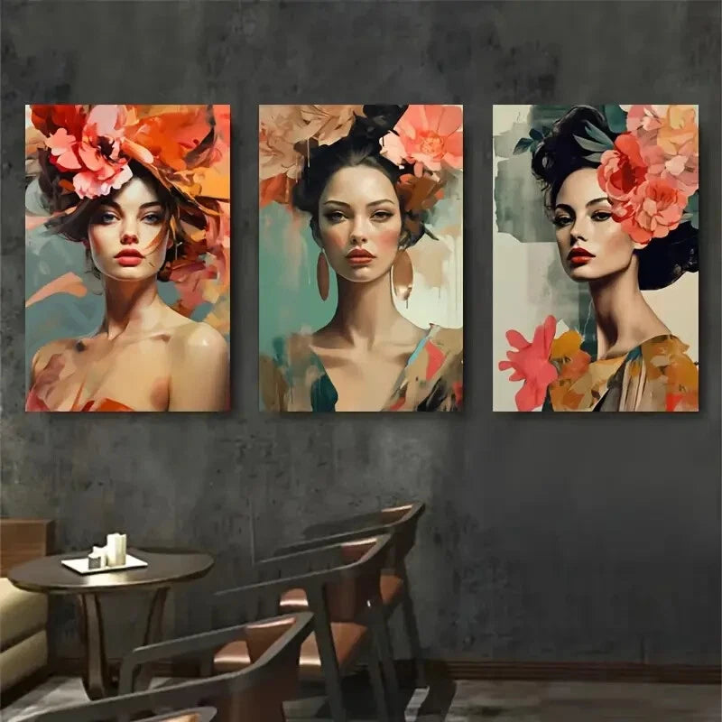 3pcs Floral Headpieces with Beautiful Women Metal Print Ready to Hang Art - Bella Home Decor