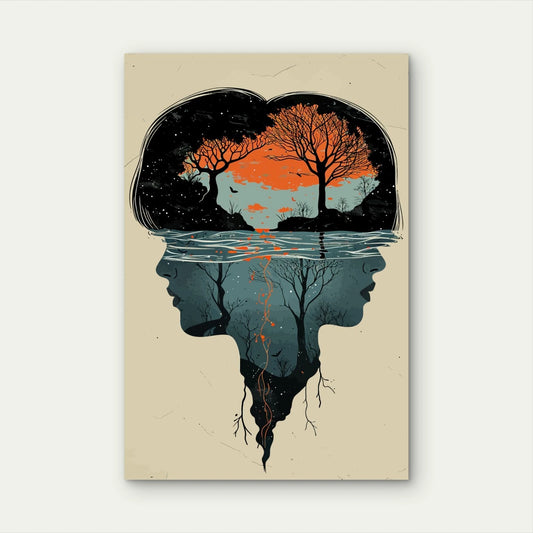 Man & Woman Dual Profile Abstract Silhouette 40x60cm Metal Print Ready to Hang