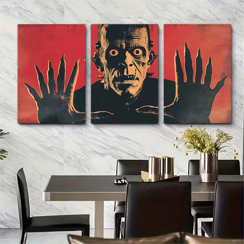 3pcs Mid Century Modern Frankenstein Metal Print Ready to Hang Art