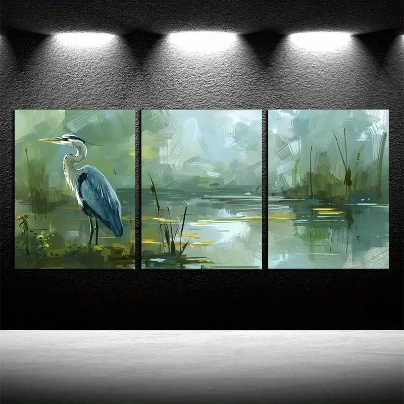 3pcs Heron Stands Quietly in A Peaceful Pond Metal Print Ready to Hang Art - Bella Home Decor