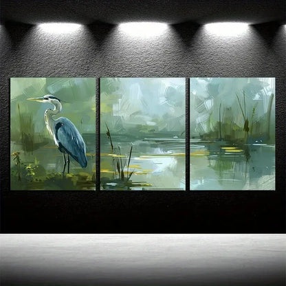 3pcs Heron Stands Quietly in A Peaceful Pond Metal Print Ready to Hang Art - Bella Home Decor