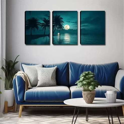 3pcs Under The Night Sky, Seaside Coconut Trees Wall Art Canvas Unframed - High Quality Print 100% Australian Made Wall Canvas