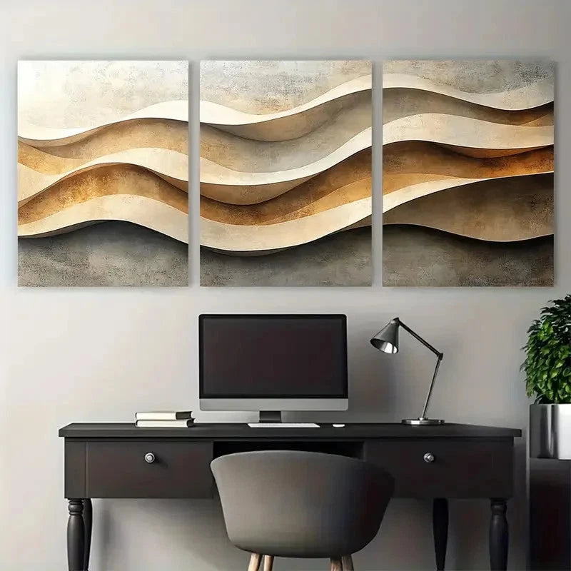 3pcs Serene Beige Minimalist Soft Shapes Metal Print Ready to Hang Art