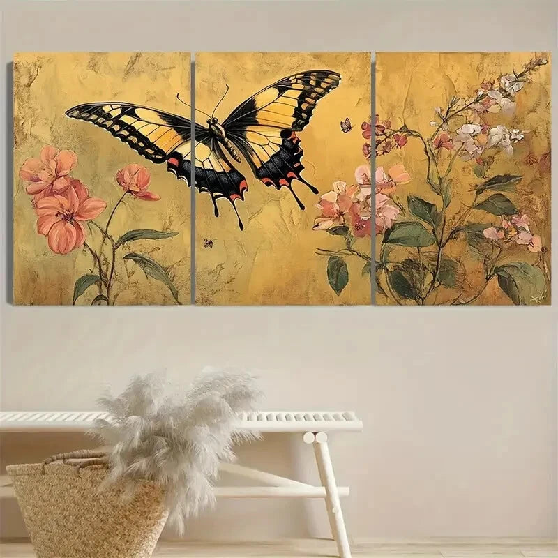 3pcs Vibrant Butterfly & Flower Design Metal Print Ready to Hang Art - Bella Home Decor