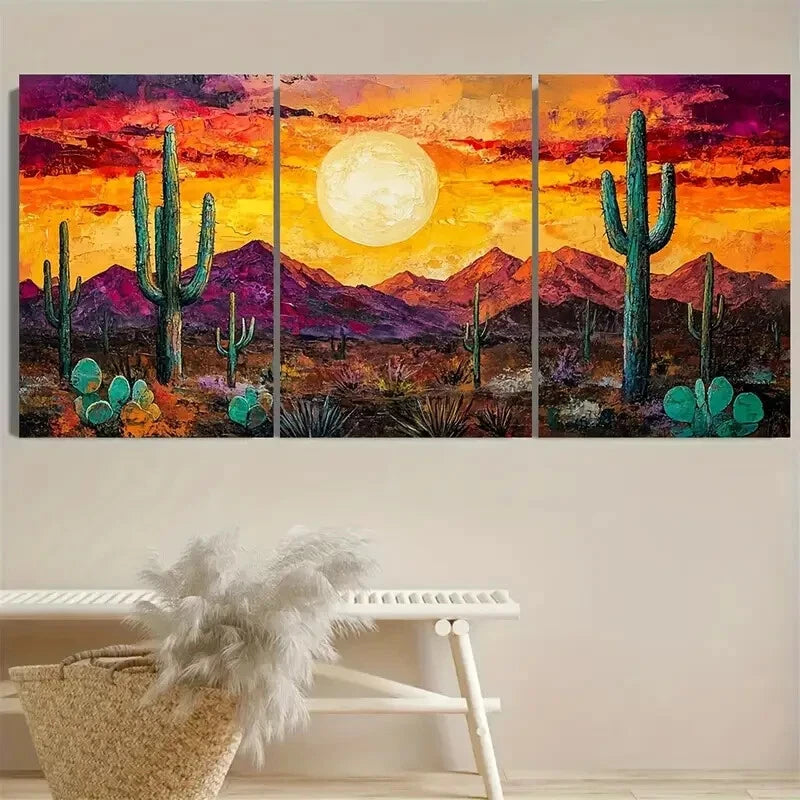 3pcs Southwestern Desert On Cactus Sunset Texture Metal Print Ready to Hang Art - Bella Home Decor
