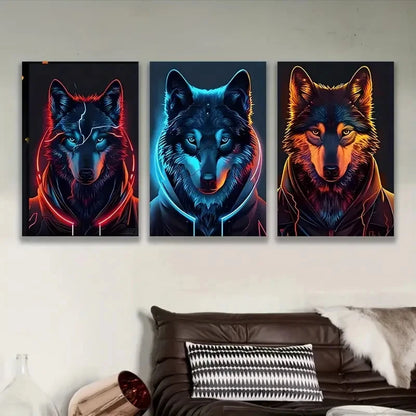 3pcs Neon Wolf Portrait Wall Art Set Canvas Framed 50x70cm - High Quality Print 100% Australian Made Wall Canvas Ready to Hang