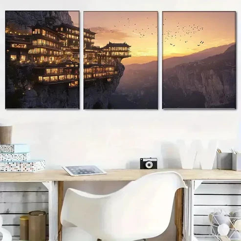 3pcs Cliffside Pagoda Style Building Wall Art Canvas Unframed - High Quality Print 100% Australian Made Wall Canvas - Bella Home Decor
