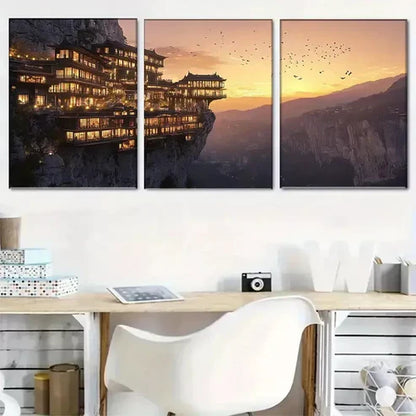 3pcs Cliffside Pagoda Style Building Wall Art Canvas Unframed - High Quality Print 100% Australian Made Wall Canvas - Bella Home Decor