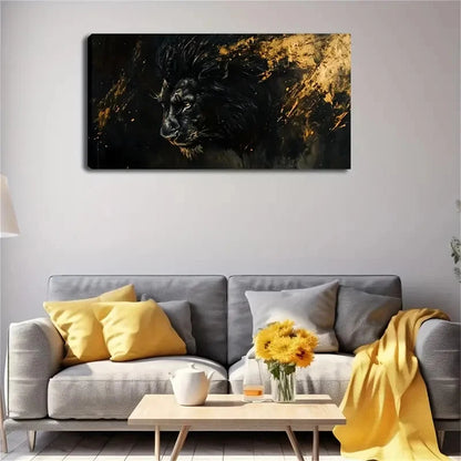 Black Lion Golden Mane Modern Wall Art Canvas Office Home Room Framed 120x60cm