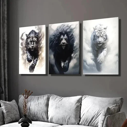 3pcs Black Cheetah Lion & White Tiger Wall Art Set Canvas Unframed - High Quality Print 100% Australian Made Wall Canvas - Bella Home Decor
