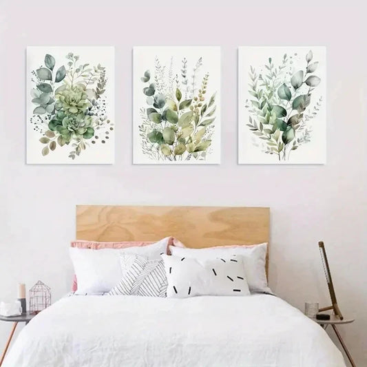 3pcs Sage Green & Beige Wildflowers, Bohemian Metal Print Ready to Hang Art