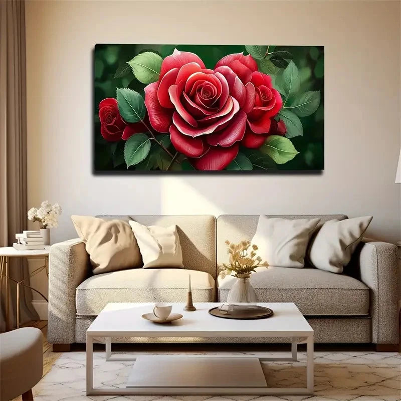 Vibrant Red Rose Leaves Wall Art Canvas Office Home Room Framed 120x60cm
