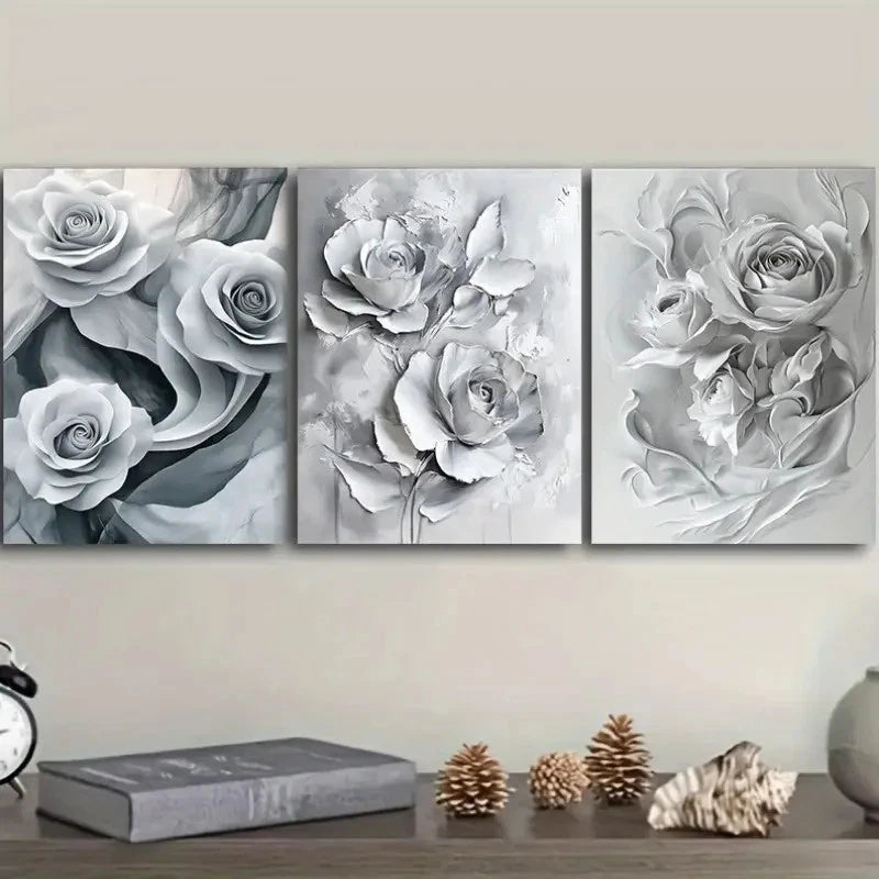 3pcs Paintings Featuring Decorating White Roses Metal Print Ready to Hang Art - Bella Home Decor