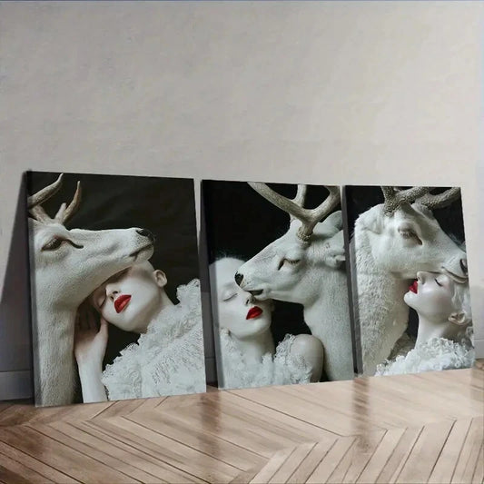 3pcs White Deer, girl Wall Art Set Canvas Framed 40x60cm - High Quality Print 100% Australian Made Wall Canvas Ready to Hang