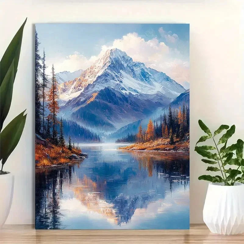 Beautiful Serene Snow Covered Mountains Painting 40x60cm Metal Print Ready to Hang - Bella Home Decor