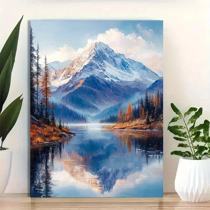 Beautiful Serene Snow Covered Mountains Painting 40x60cm Metal Print Ready to Hang - Bella Home Decor