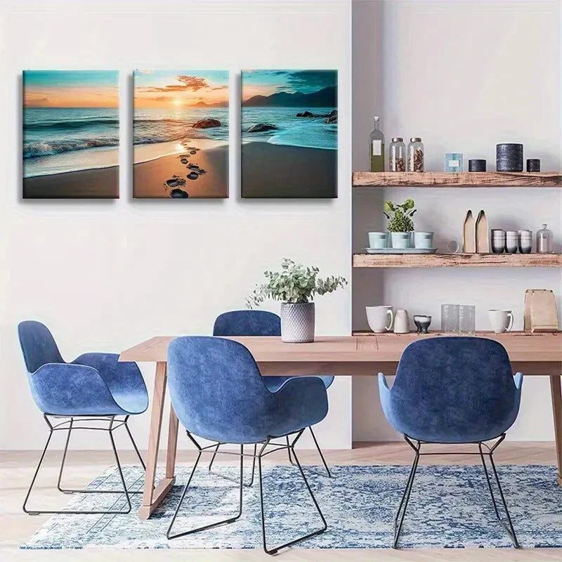 3pcs Coastal Waves Footprint Tropical Landscape Metal Print Ready to Hang Art - Bella Home Decor