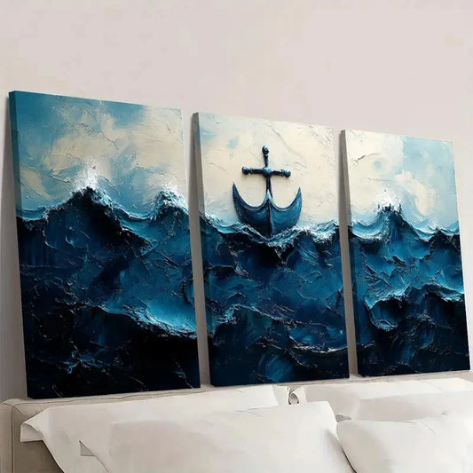 3pcs Soothing Blue Ocean Minimalist ER Wall Art Set Canvas Framed 50x70cm - High Quality Print 100% Australian Made Wall Canvas Ready to Hang