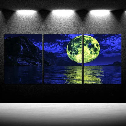 3pcs Full Moon at night Illustration Metal Print Ready to Hang Art - Bella Home Decor