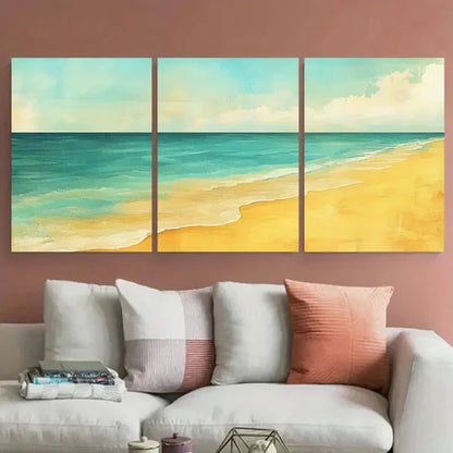 3pcs Muted Turquoise and Naples Yellow Beach Wall Art Canvas Unframed - High Quality Print 100% Australian Made Wall Canvas