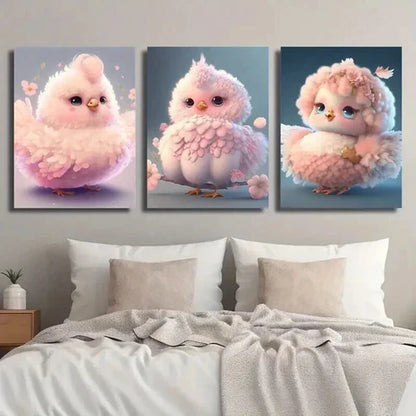 3pcs Adorable Pink Chick with Floral Accents Wall Art Canvas Unframed - High Quality Print 100% Australian Made Wall Canvas - Bella Home Decor