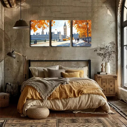 3pcs Refreshing, Autumn London Street Wall Art Set Wall Art Canvas Unframed - High Quality Print 100% Australian Made Wall Canvas