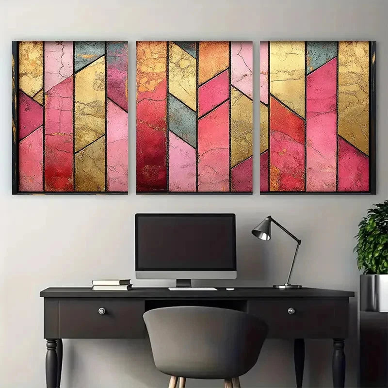 3pcs Pink Golden Marbling Bold Angular Design Metal Print Ready to Hang Art - Bella Home Decor