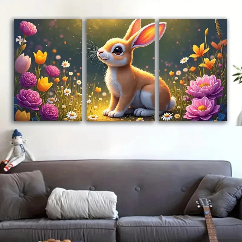 3pcs Charming Rabbit In Flower Field Wall Art Set Canvas Framed 50x70cm - High Quality Print 100% Australian Made Wall Canvas Ready to Hang - Bella Home Decor
