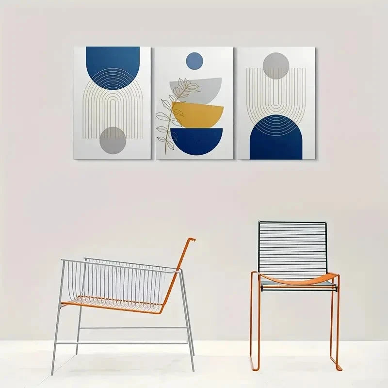 3pcs Abstract Geometric Blue & Golden Metal Print Ready to Hang Art - Bella Home Decor
