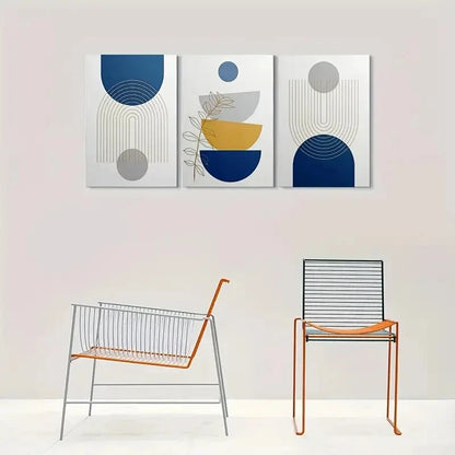 3pcs Abstract Geometric Blue & Golden Metal Print Ready to Hang Art - Bella Home Decor