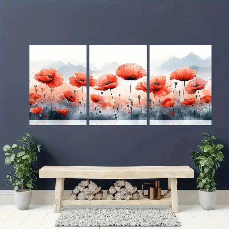 3pcs Vibrant Red Wildflowers & Mountain Landscape Metal Print Ready to Hang Art - Bella Home Decor