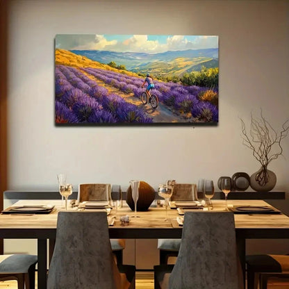 Vibrant Lavender Fields Cyclist Wall Art Canvas Office Home Room Framed 120x60cm