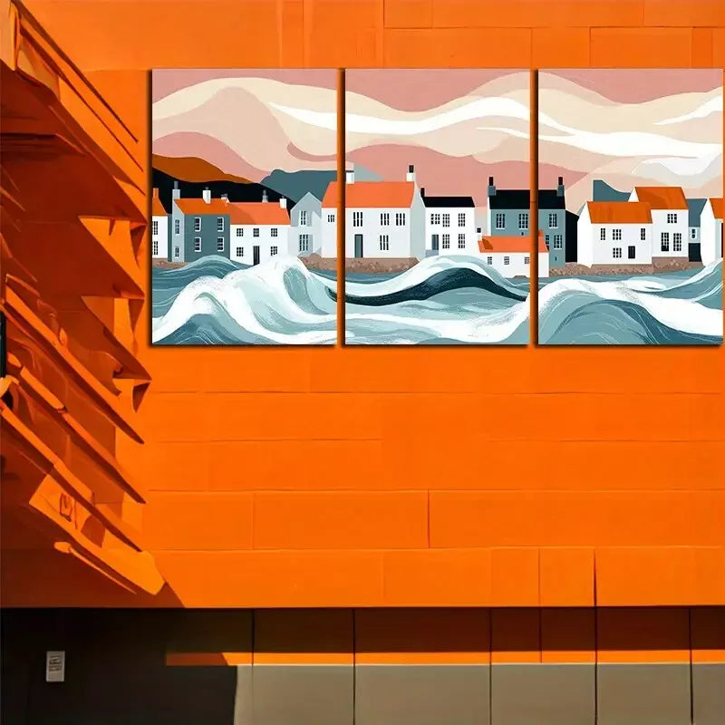 3pc Vector Art Of A Pastoral Coastal Town  Wall Art Set Canvas Framed 50x70cm - High Quality Print 100% Australian Made Wall Canvas Ready to Hang - Bella Home Decor