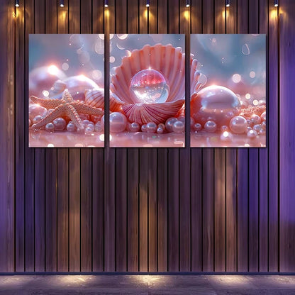 3pcs Opalescent Crystal in Open Seashell Wall Art Set Canvas Framed 50x70cm - High Quality Print 100% Australian Made Wall Canvas Ready to Hang